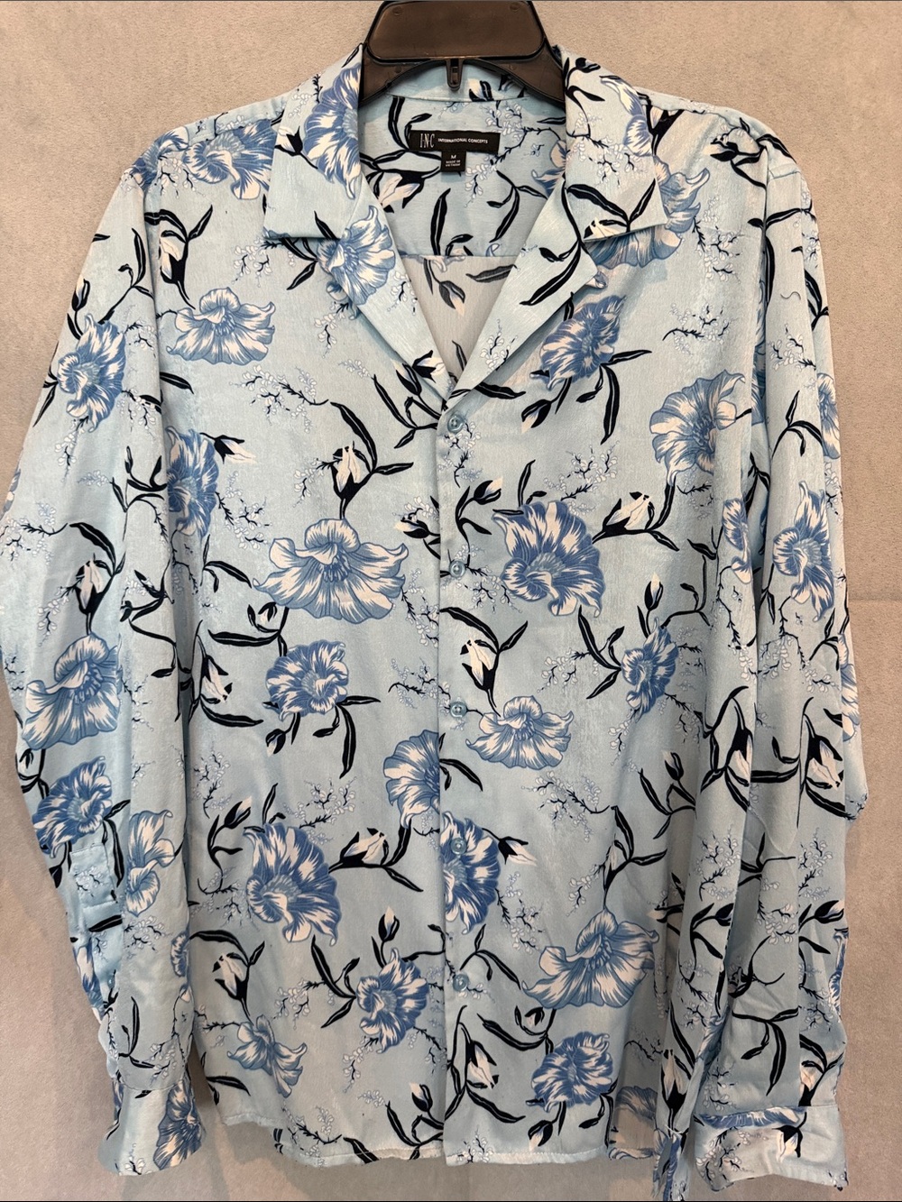 🔵 INC Light Blue Silky Floral Button-Up Shirt.